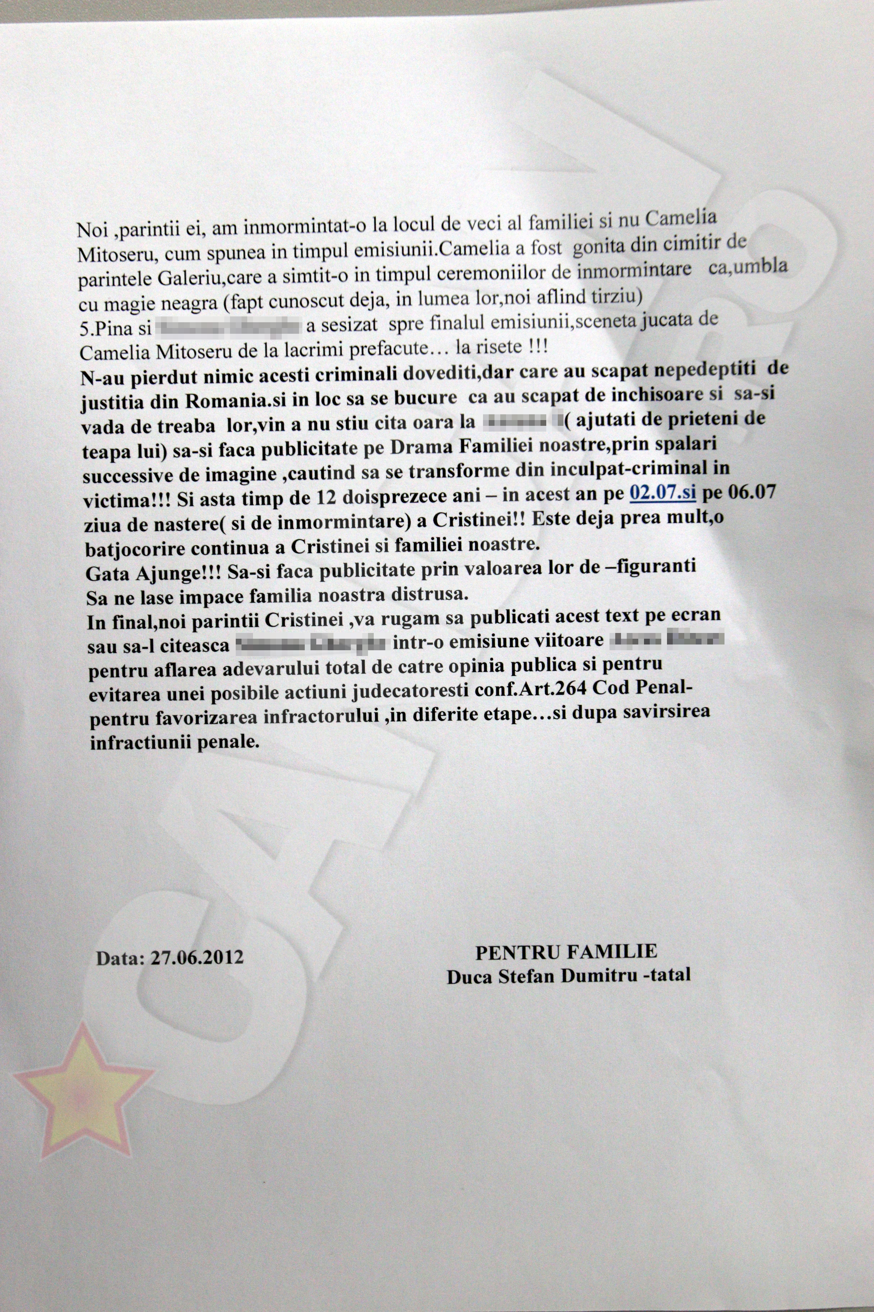 Din respectiva scrisoare ies la iveala informatii noi despre tragicul eveniment