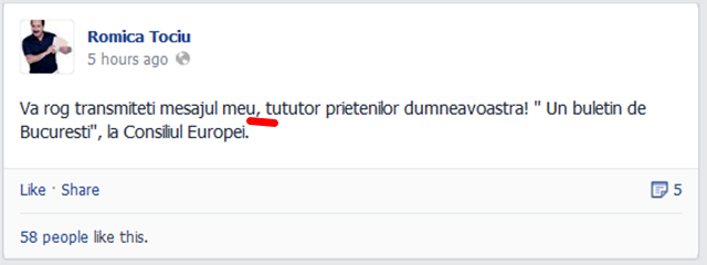 Pentru a fi sigur ca s-a facut inteles, Tociu a mai postat un mesaj