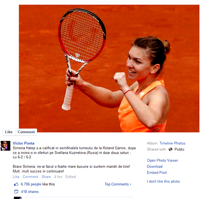 Acesta este mesajul postat de Victor Ponta pe Facebook dupa victoria senzationala a Simonei din sferturile Roland Garros