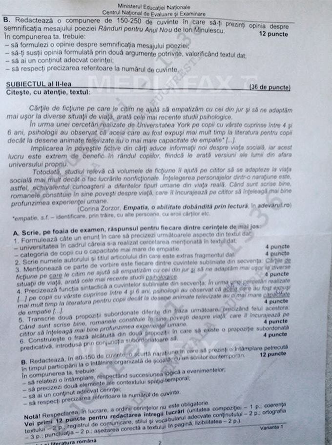 Acestea sunt subiectele de la proba scrisa la Limba Romana