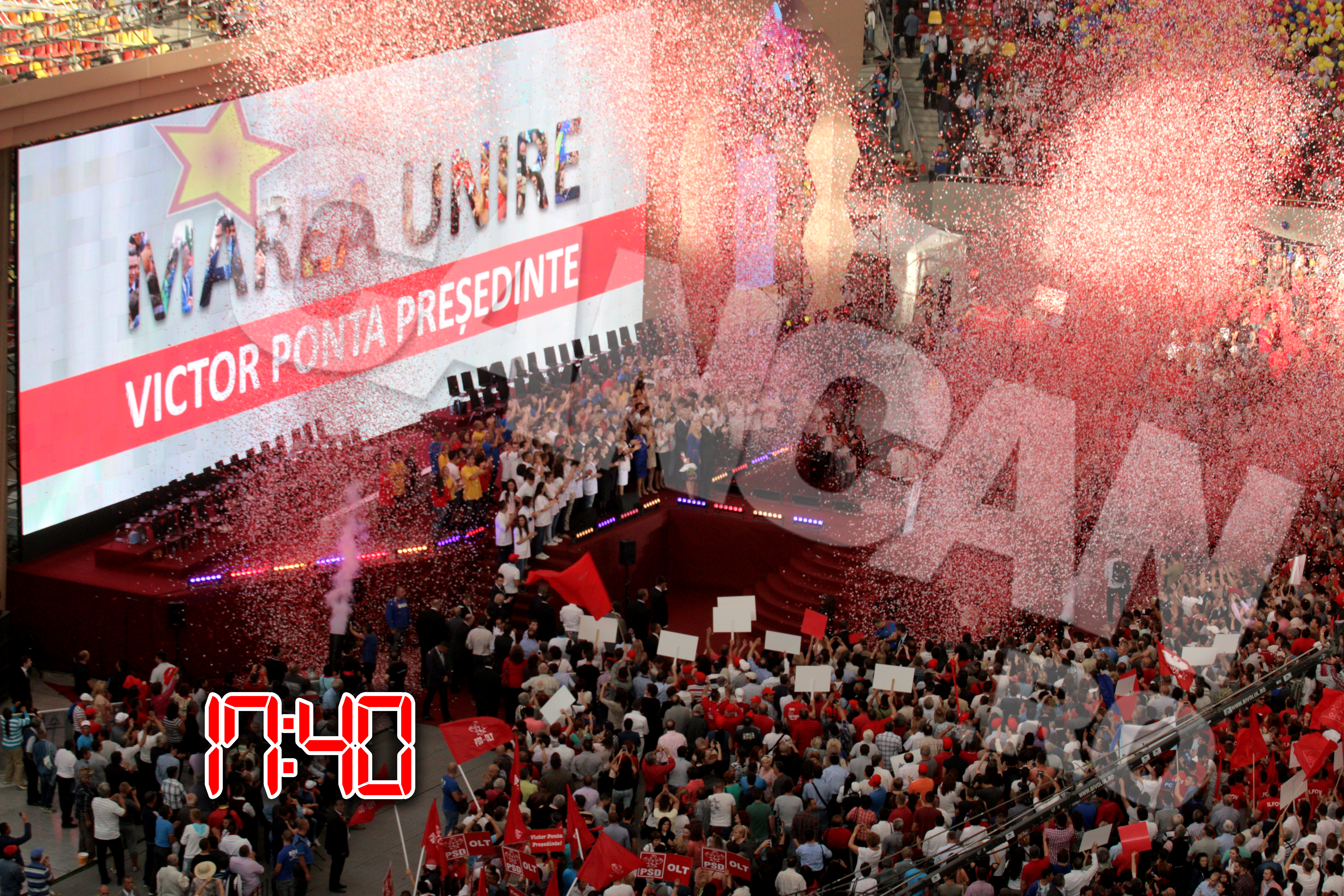 Ponta si-a terminat discursul in uralele salii, iar milioane de confetii au umplut stadionul