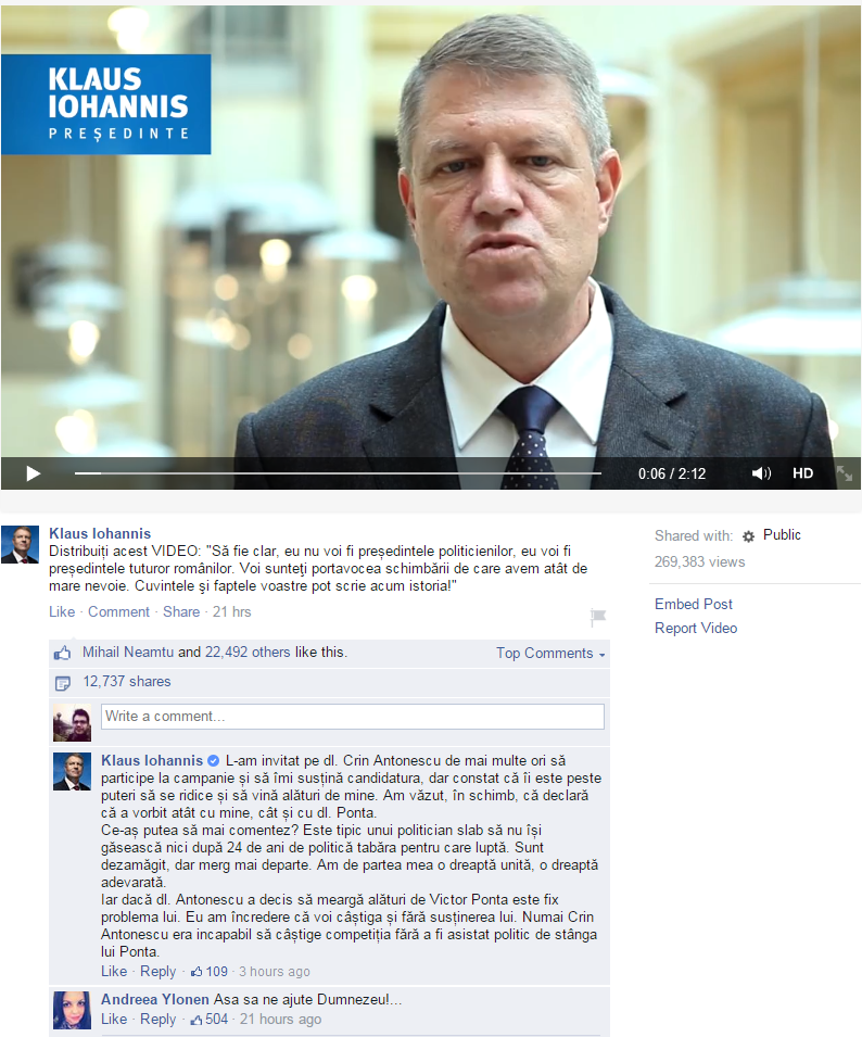 Klaus Iohannis este dezamagit ca Antonescu nu l-a sustinut in campanie