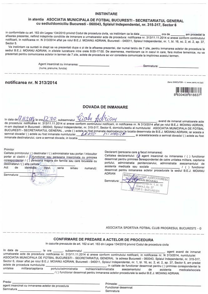 Contestatarii lui Avram au fost nevoiti sa se adreseze unui executor judecatoresc pentru a instiinta conducerea AMFB, in vederea organizarii sedintei AGA