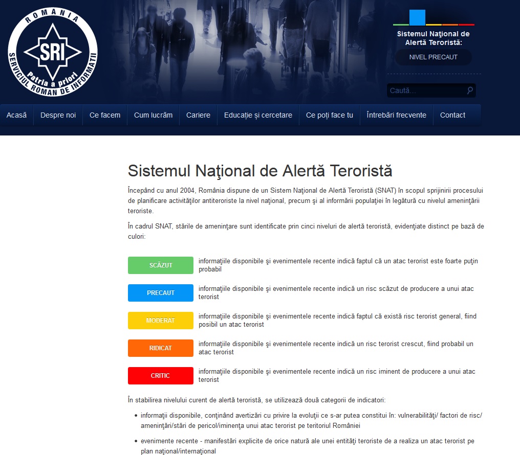 Nivelul de alerta a SRI pentru Romania este stabilit la 