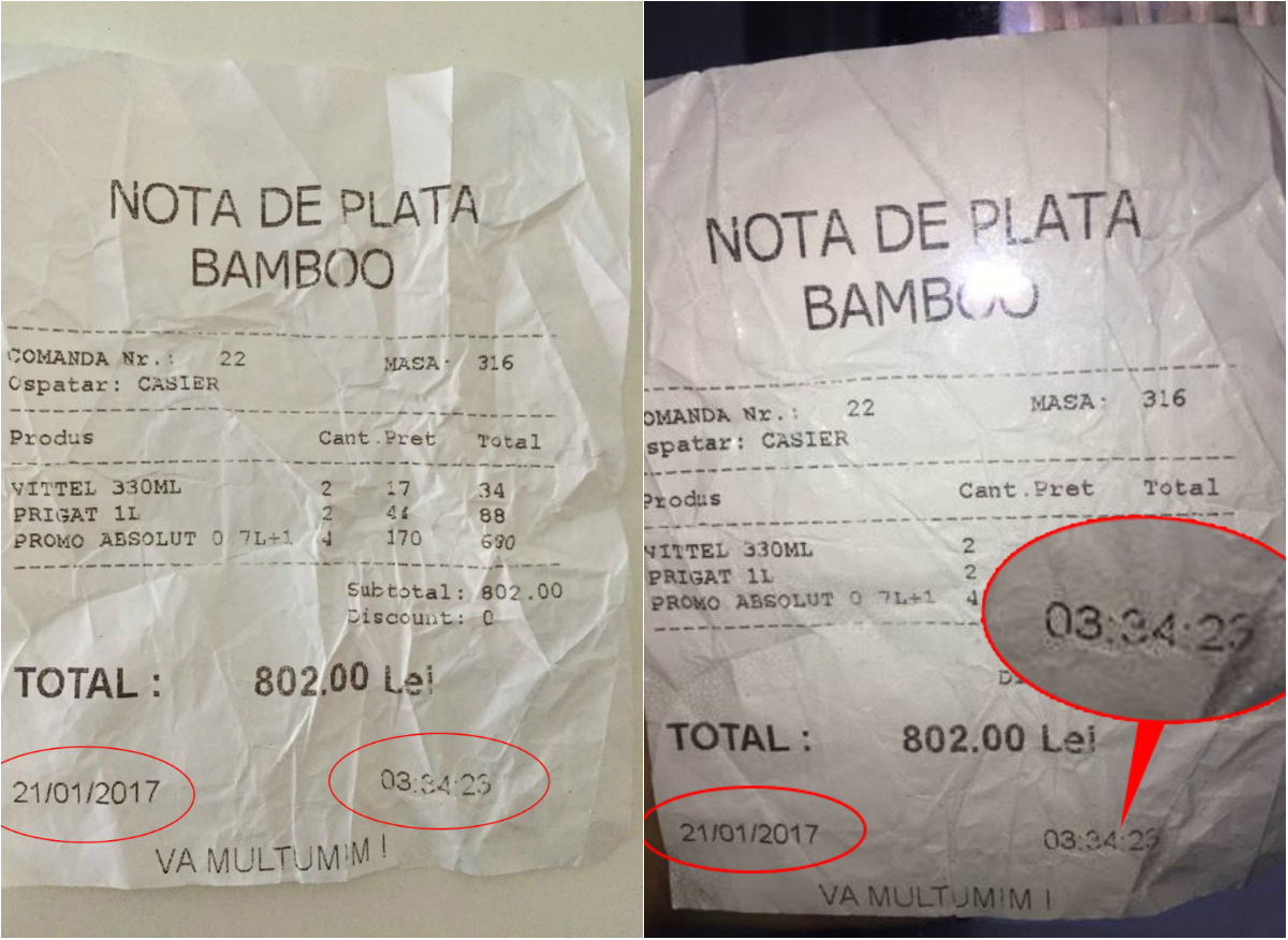 Clientul ne-a arătat şi bonul din Bamboo, din noaptea incendiului