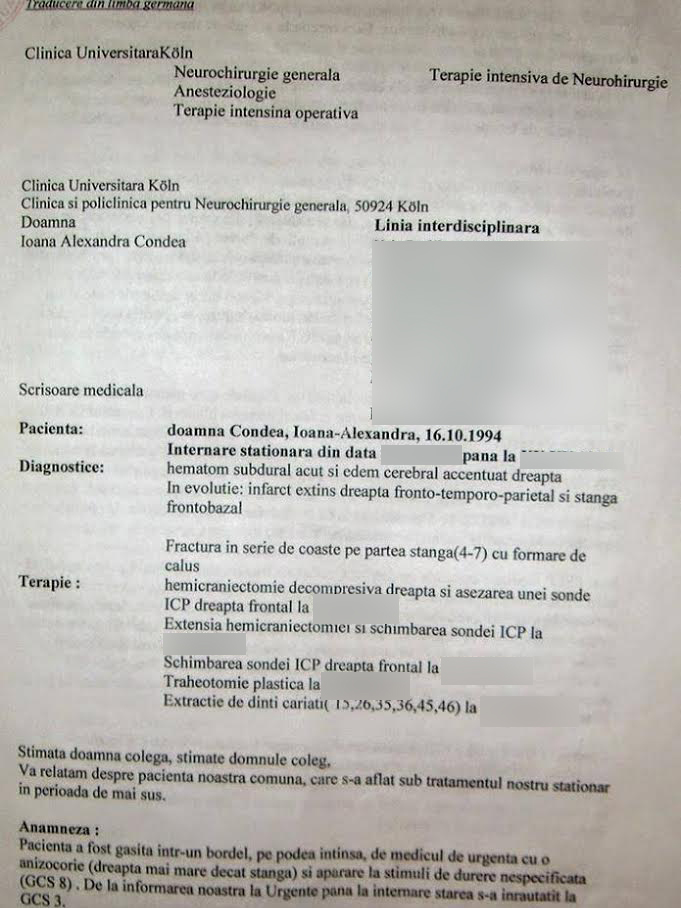 Fişa medicală a Ioanei Condea.