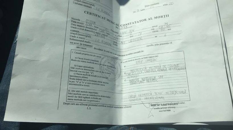 Acesta este certificatul de deces al pacientului Liviu Ion Costea