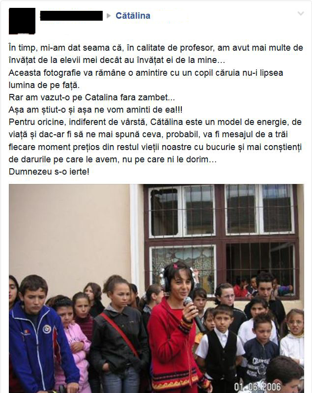Mesajul fostului profesor al Cătălinei a fost făcut public cu puţin timp în urmă