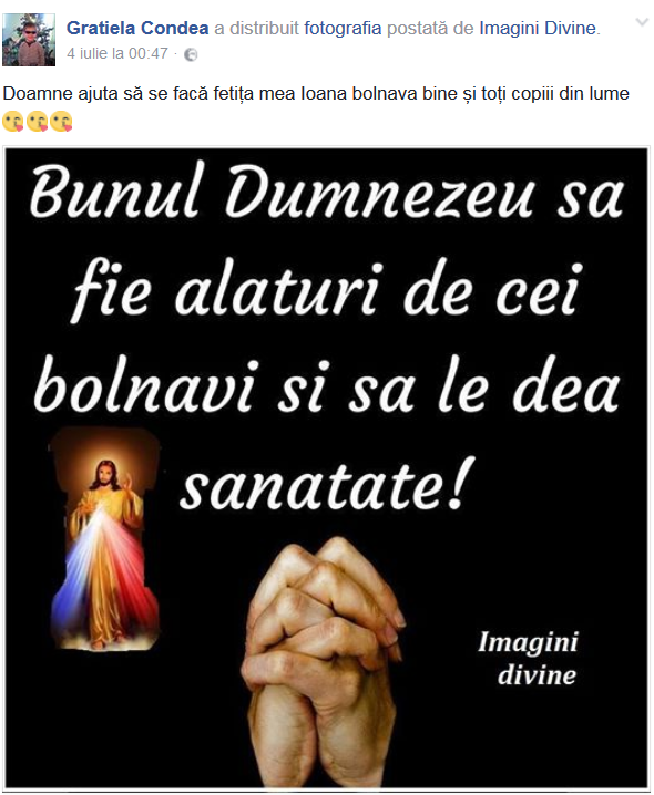 Mama Ioanei Condea a făcut recent publică o rugăciune pe Facebook