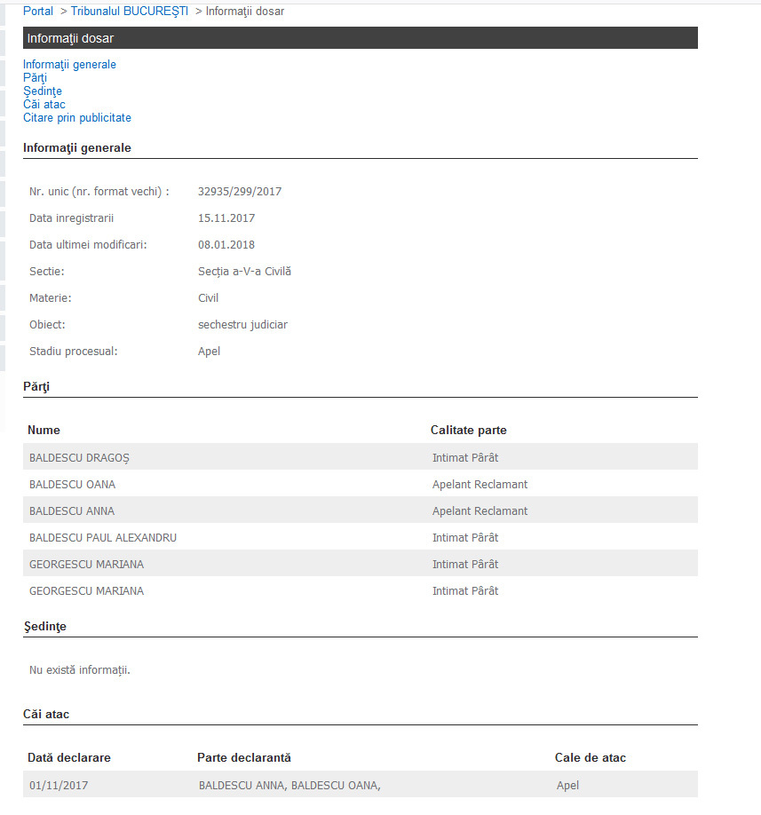 Văduva şi fiii milionarului se bat în instanţă pe averea lui Băldescu (Sursă foto: portal.just.ro)