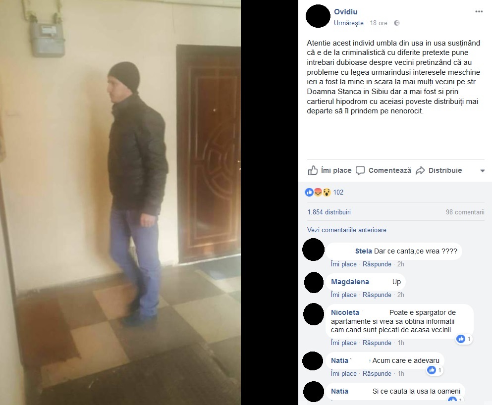 Acesta este apelul disperat care circulă pe internet, după ce bărbatul din imagine s-a prezentat la uşile mai multor sibieni şi a stat de vorbă cu ei, punându-le întrebări dubioase. Sursa foto: Facebook
