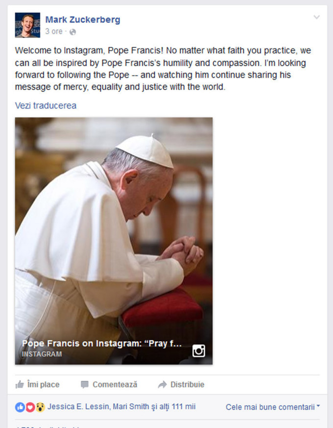 Mark Zuckerberg, i-a urat bun venit Papei Francisc pe Instagram