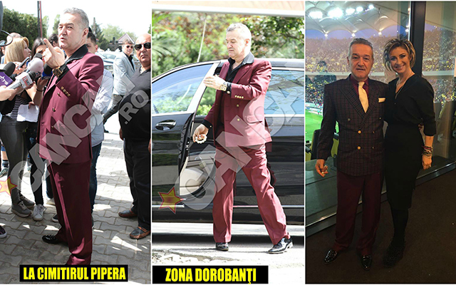 Gigi Becali pare că a dat momentan dragostea pentru culorile roşu şi albastru pe iubirea pentru... burgundy! Acesta a fost fotografiat în ultima perioadă purtând doar costumul de această culoare.