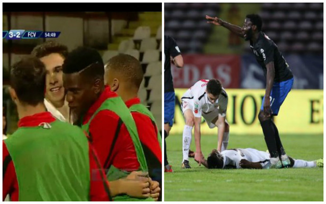 Patrick Ekeng se bucura pentru golul înscris de colegul său, Dorin Rotariu. (foto stânga)