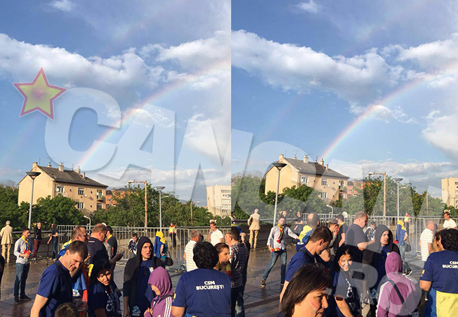 În timpul pauzei meciului CSM Bucureşti - Vardar Skopje a apărut pe cer un curcubeu.