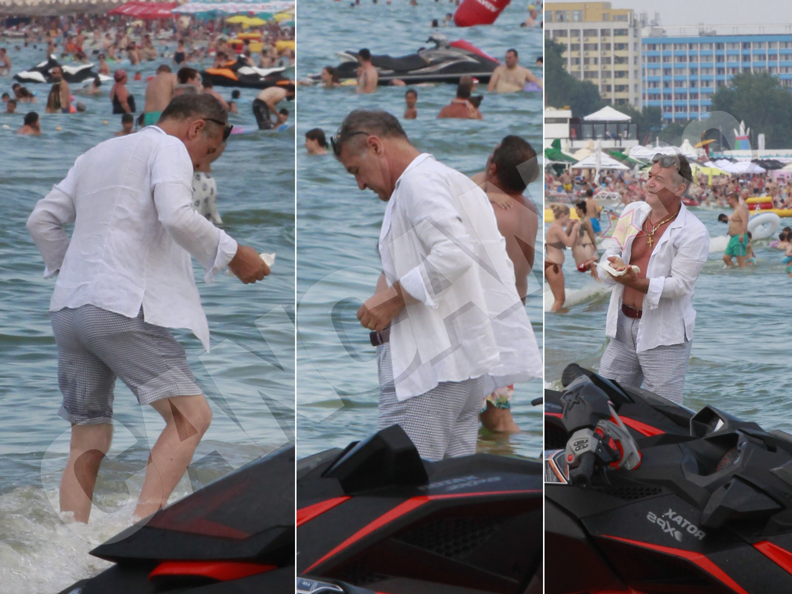 De obicei, atunci când stă la plajă, Gigi Becali are mereu o cămaşă, pe care o poartă cu nasturii desfăcuţi.