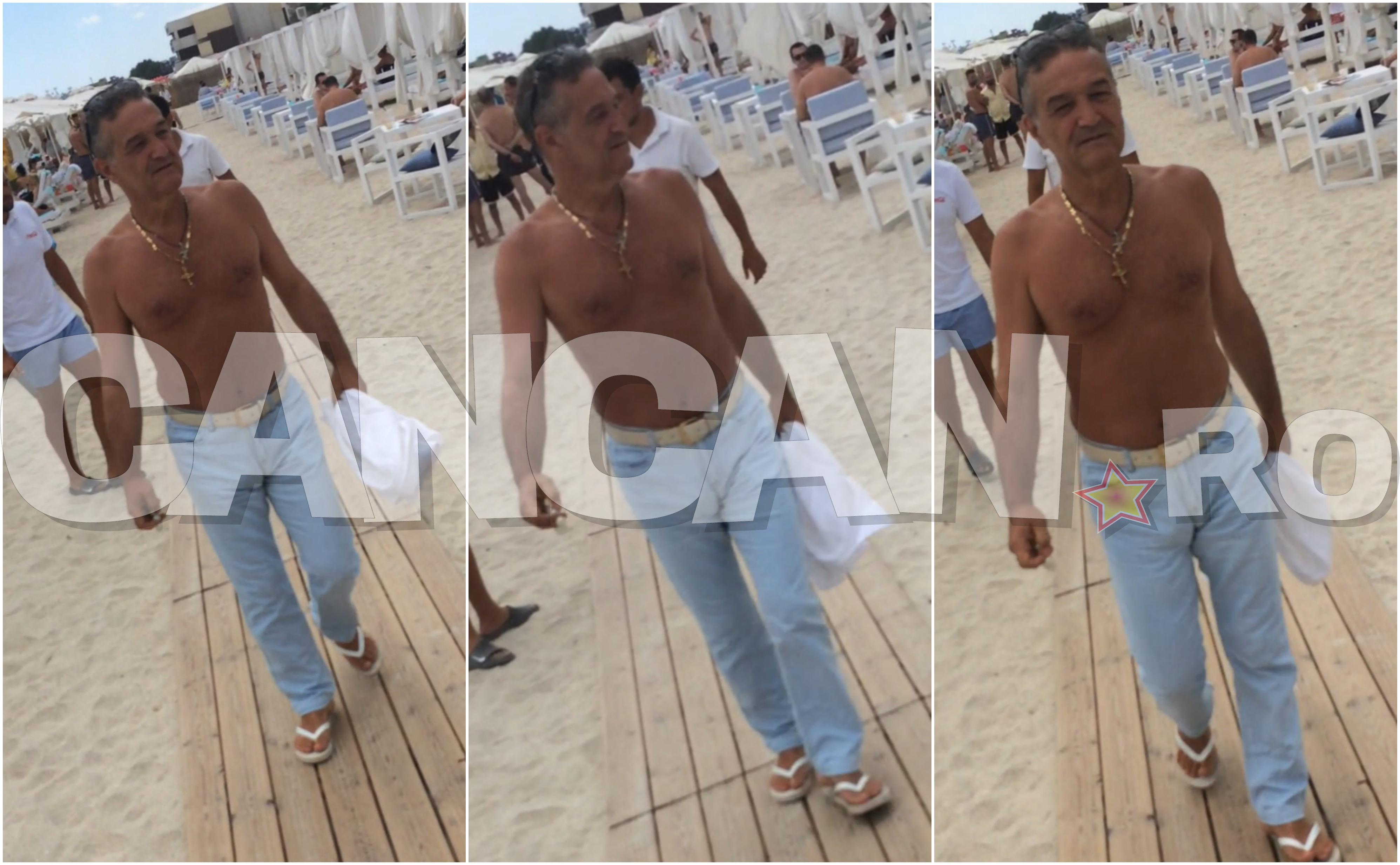 De data aceasta, Becali a abordat o ţinută diferită pe plaja milionarilor din Mamaia.