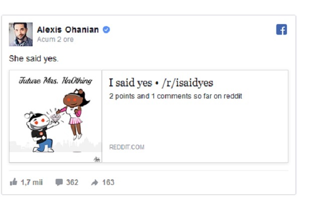 Alexis Ohanian a anunţat că Serena Williams a acceptat să-i fie soţie