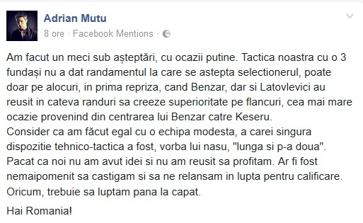 Adrian Mutu critică evoluţia Naţionalei în confruntarea cu Danemarca