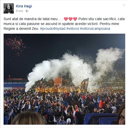 Kira Hagi, mesaj pentru tatăl ei după ce acesta a câştigat campionatul cu Viitorul