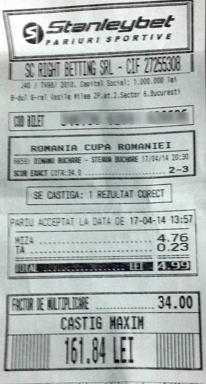Scorul corect 2-3 pentru Steaua le aduce pariurilor de 34 de ori suma pariata