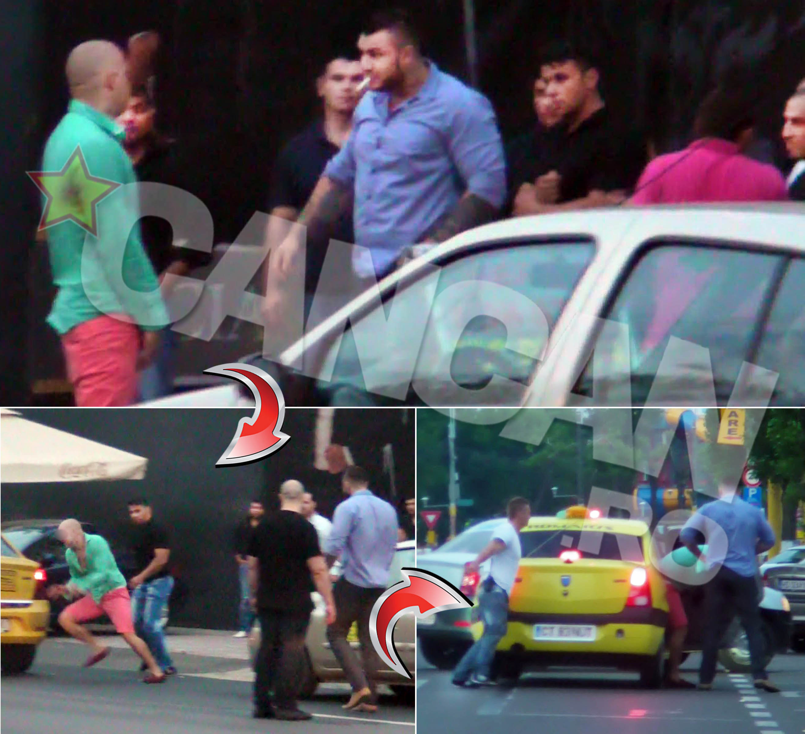 Un barbat cu dimensiuni de Hercules se apropie amenintator de petrecaretul recalcitrant care, de frica, o rupe la fuga