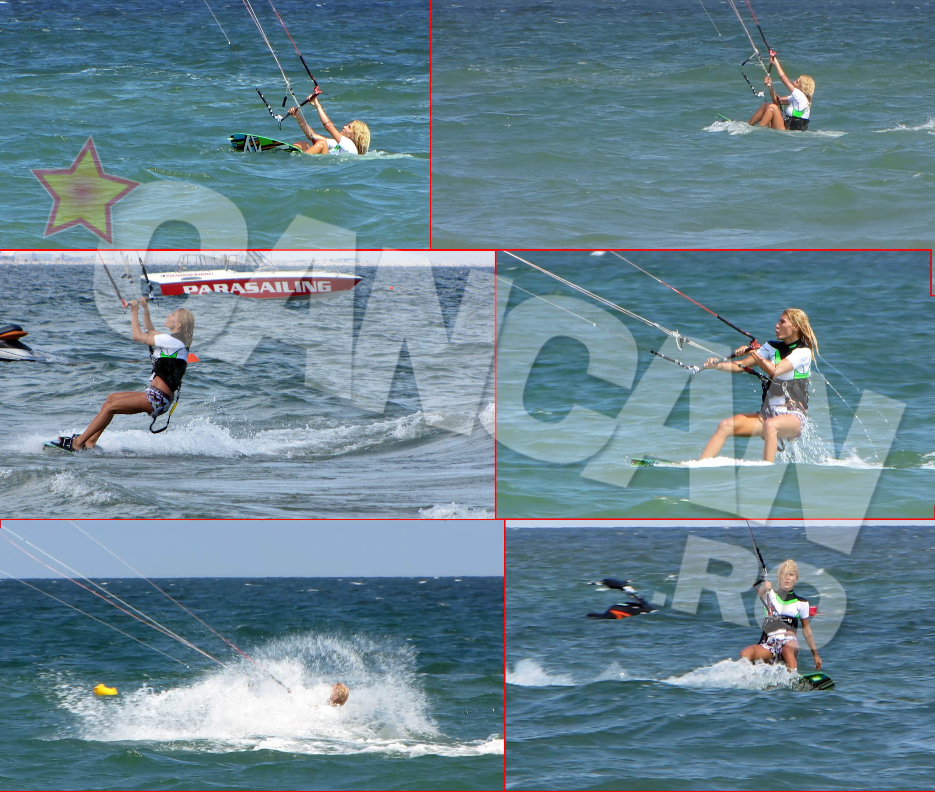 Blondina intra in apa si, dupa cateva incercari soldate cu esec, incaleca valurile si incepe sa zboare... pe apa.