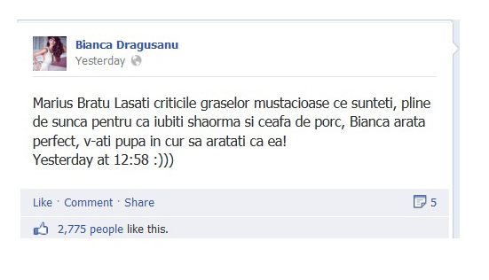 Bianca a rabufnit, ieri, si pe Facebook