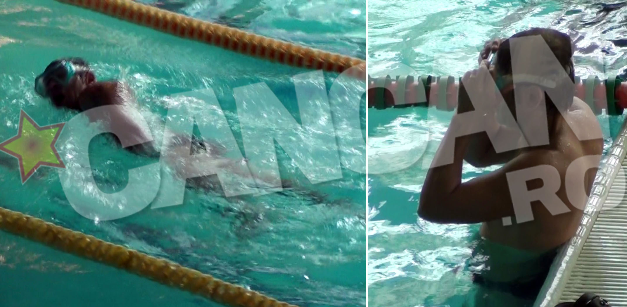 Dupa ce si-a pus ochelarii si a facut putina incalzire, s-a aruncat in piscina