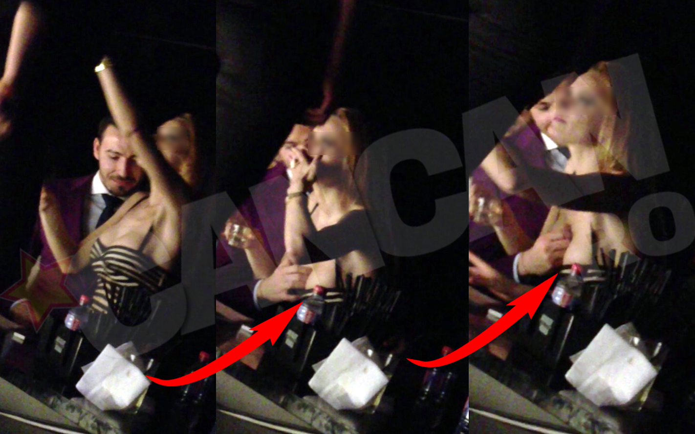 A privit cu pofta in decolteul blondei, apoi s-a infipt cu obraznicie mana in sanii ei