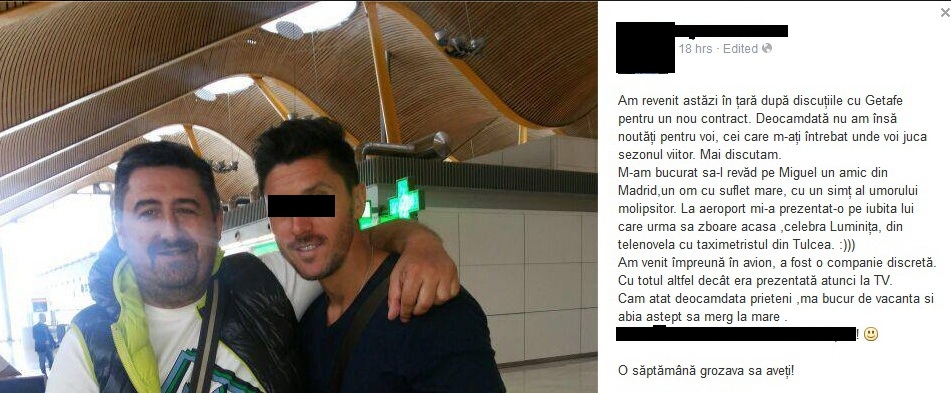 Printr-un mesaj postat pe Facebook, insotit de o fotografie, fotbalistul a incercat sa se scuze pentru faptul ca a fost vazut impreuna cu Luminita Perijoc