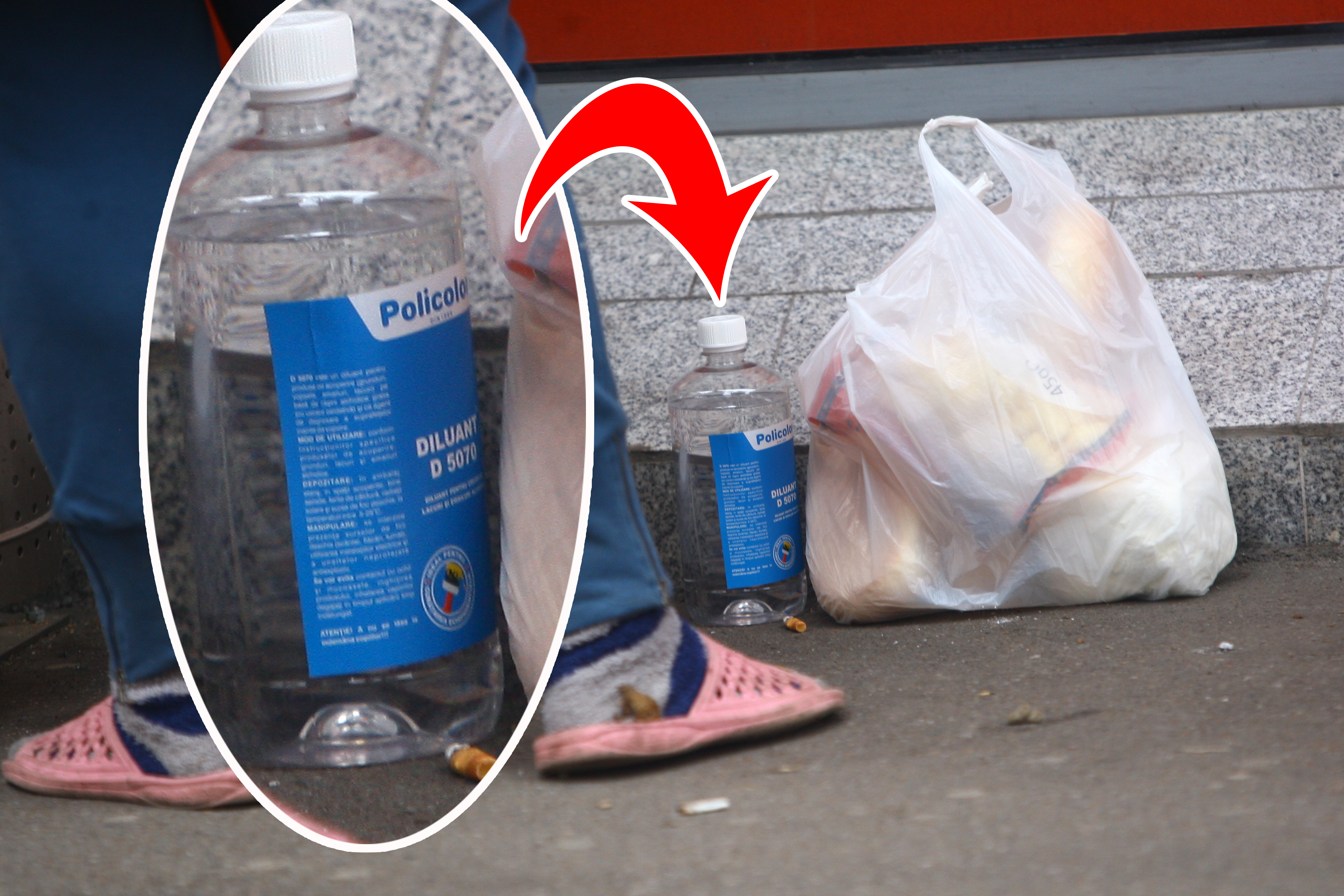 Alaturi de o punga cu cateva alimente, Ioana tine si o sticla cu diluant