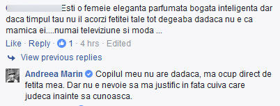 O utilizatoarea a acuzat-o pe Andreea Marin că nu petrece suficient timp cu fetiţa ei. 