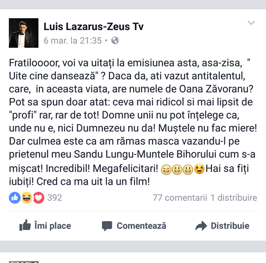 Luis Lazarus i-a „dedicat“ următoarele rânduri Oanei Zăvoranu pe Facebook