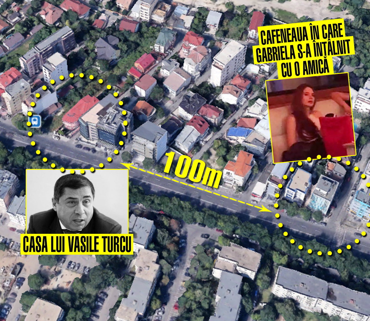 Interesant este că localul unde a ales să iasă în oraş Gabriela Grosu se află la nu mai puţin de 100 de metri de casa în care Vasile Turcu, amantul ei, a luat dramatica decizie de a-şi pune capăt zilelor: Ea şi-a făcut apariţia acolo deşi a fost ameninţată de fiul lui Turcu, cel care este decis să recupereze cu orice preţ averea tatălui său din mâinile Gabrielei.