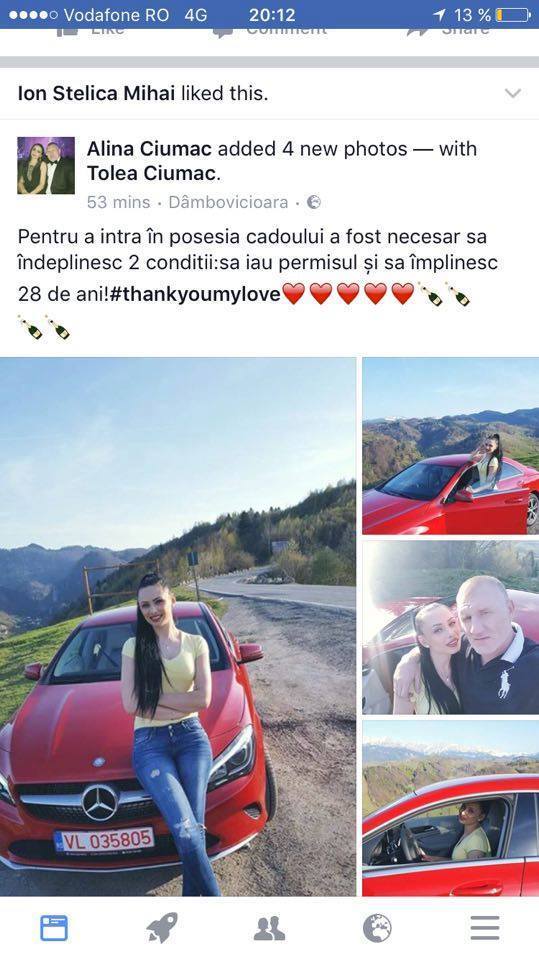 Leo de la Strehaia a dat like postării Alinei Ciumac, în care aceasta le arăta tuturor Mercedesul primit de la Tolea