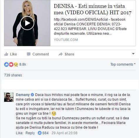 Mesajul de susţinere al cântăreţului Damany pentru Denisa Manelista