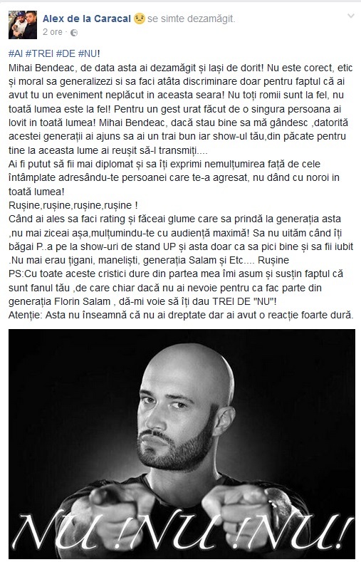 Alex de la Caracal s-a arătat revoltat de reacţia lui Mihai Bendeac la adresa maneliştilor