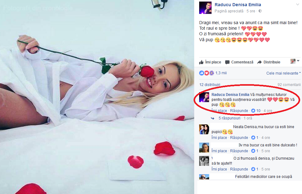 Denisa Manelista le-a transmis fanilor că starea ei de sănătate e din ce în ce mai bună