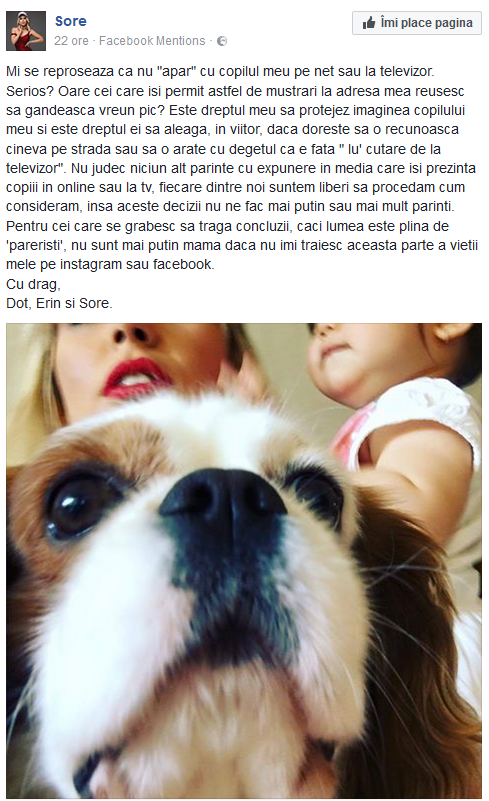 Sore, mesaj despre fetiţa ei