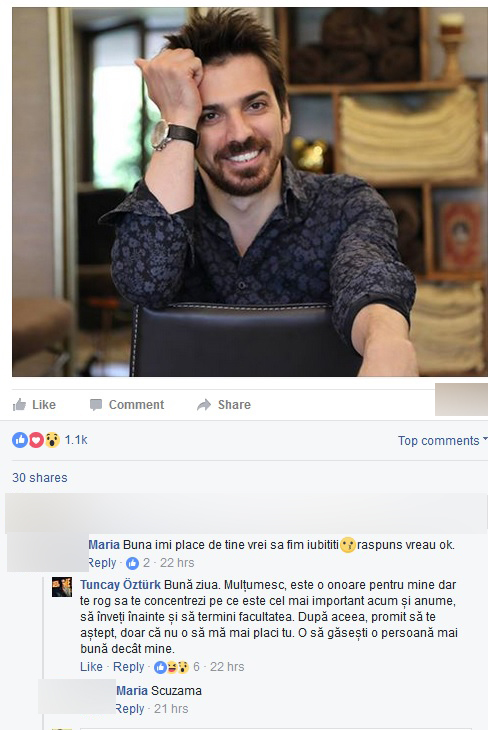 Tuncay a fost flatat de mesajul tinerei, dar i-a atras atenţia în privinţa priorităţilor în viaţă