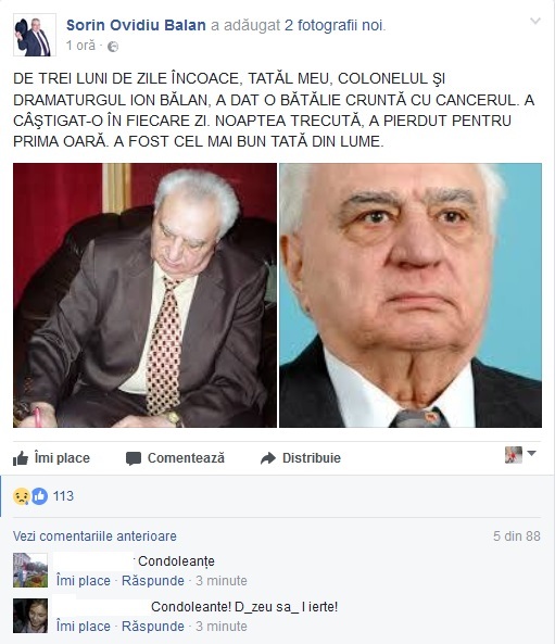 Tatăl lui Sorin Ovidiu Bălan a murit