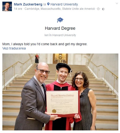 Mark Zuckerberg s-a întors la facultate pentru a-şi lua diploma, de dragul mamei