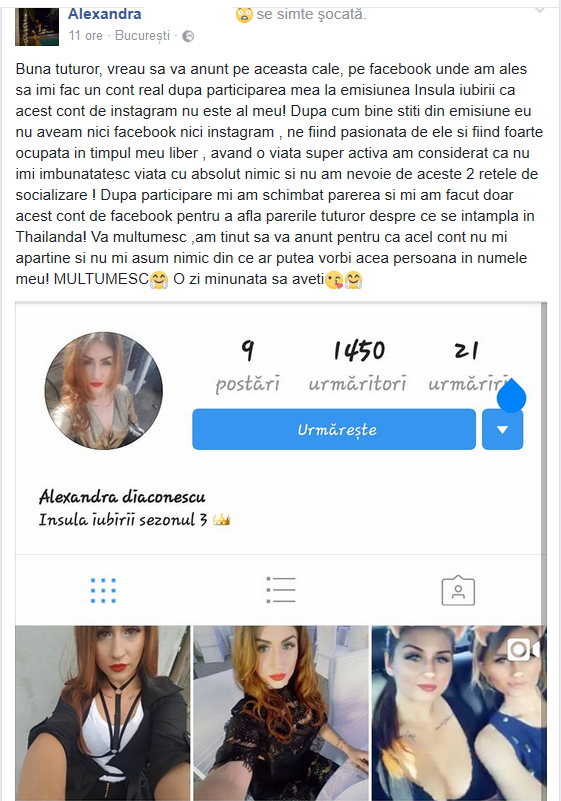 Alexandra de la ”Insula iubirii” şi-a anunţat prietenii că cineva i-a făcut un cont fals de Instagram
