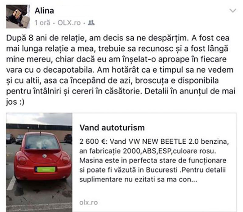 Alina Plugaru solicită 2.600 de euro în schimbul maşinii pe care o are de opt ani