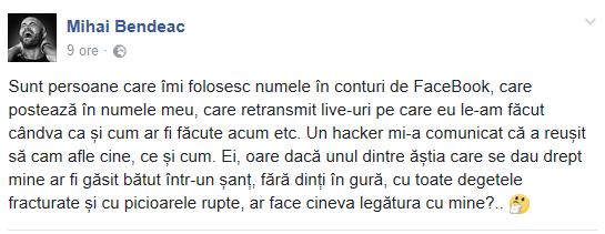 Mihai Bendeac a aflat cine sunt persoanele care i-au furat identitatea în spaţiul virtual.