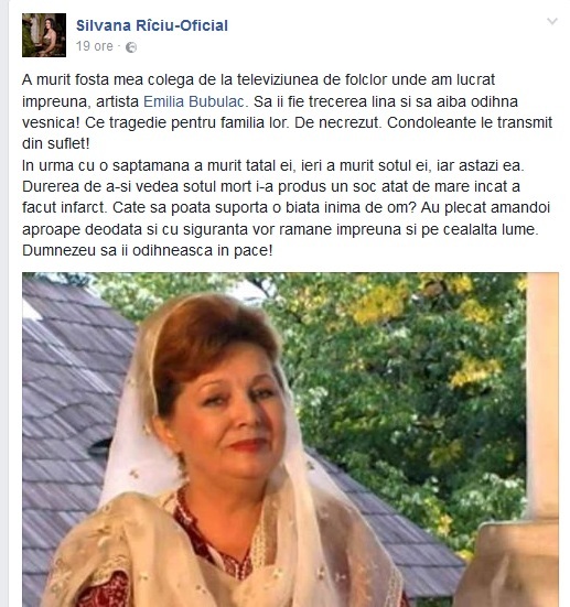 Silvana Rîciu, mesaj sfâşietor după moartea Emiliei Bubulac