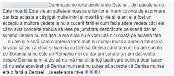 Mesajul despre Denisa Manelista, publicat pe Facebook de utilizatoarea Cristina 