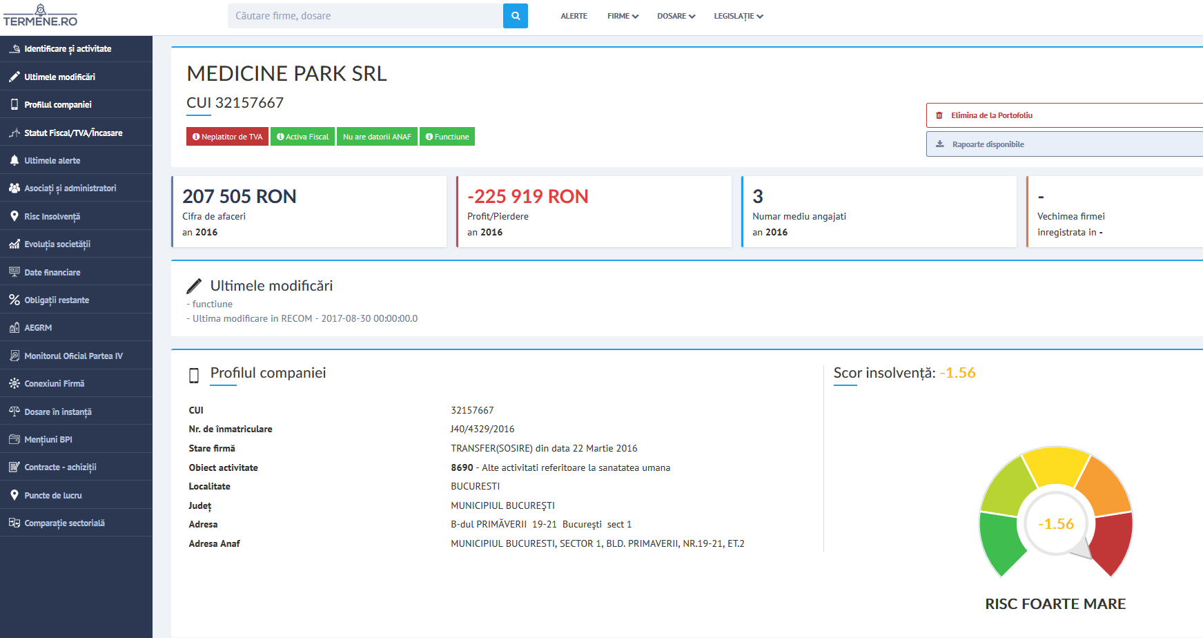 Firma lui Tuncay prezintă un risc foarte mare de insolvenţă (Sursă foto: termene.ro)