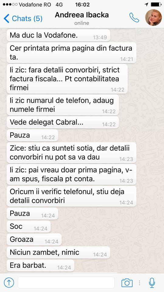 Cabral a făcut publică o conversaţie cu Andreea Ibacka